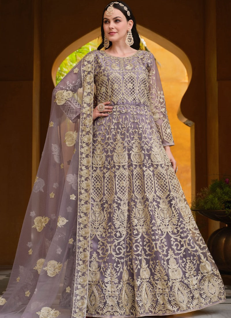 Light Purple Net Long Anarkali Suit With Embroidery Work