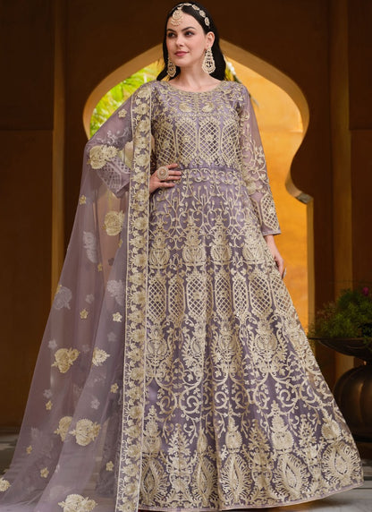 Light Purple Net Long Anarkali Suit With Embroidery Work