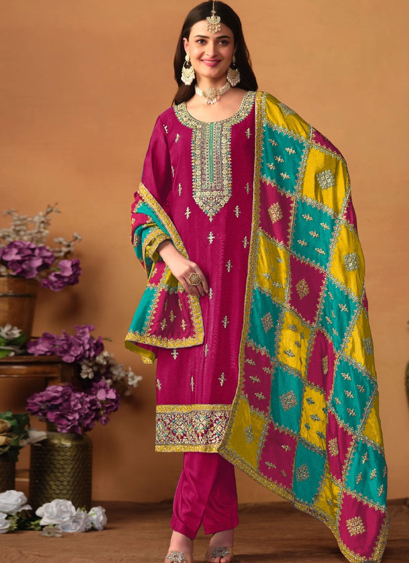 Magenta Silk Pant Style Salwar Suit