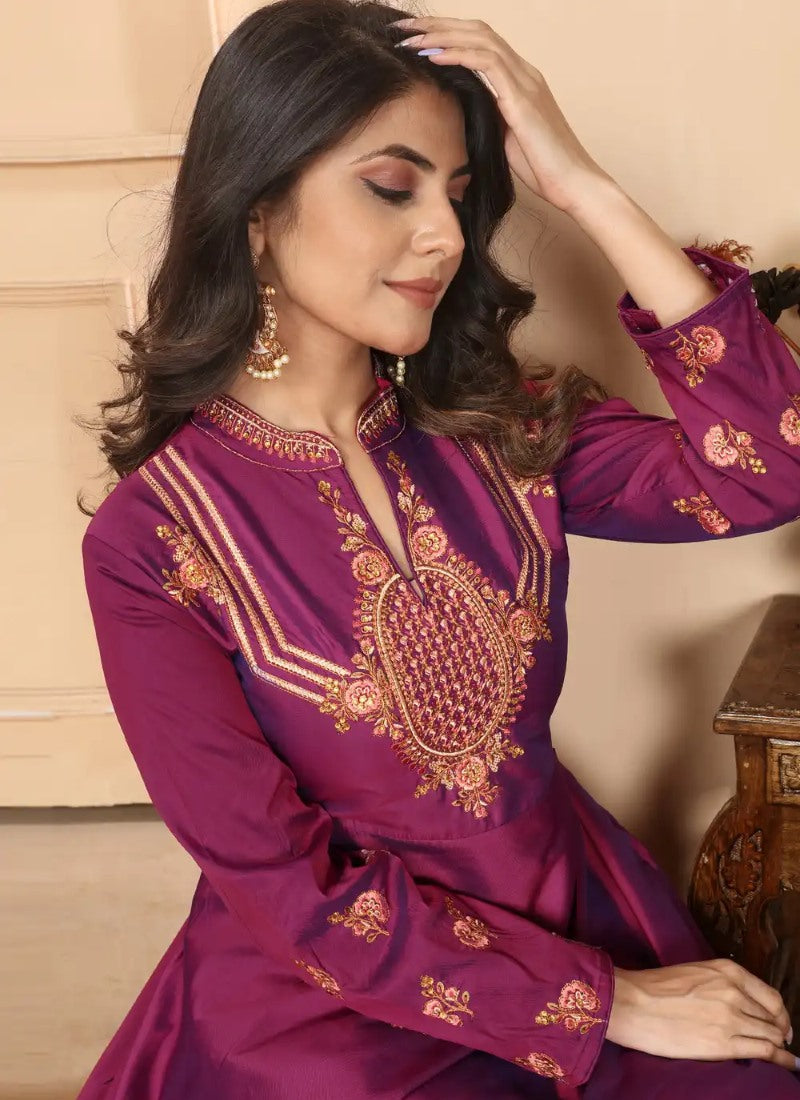 Purple Silk Indo-Western Gown With Embroidery Work