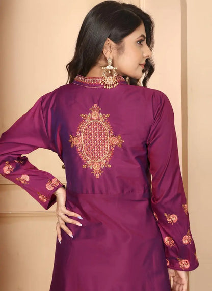 Purple Silk Indo-Western Gown With Embroidery Work