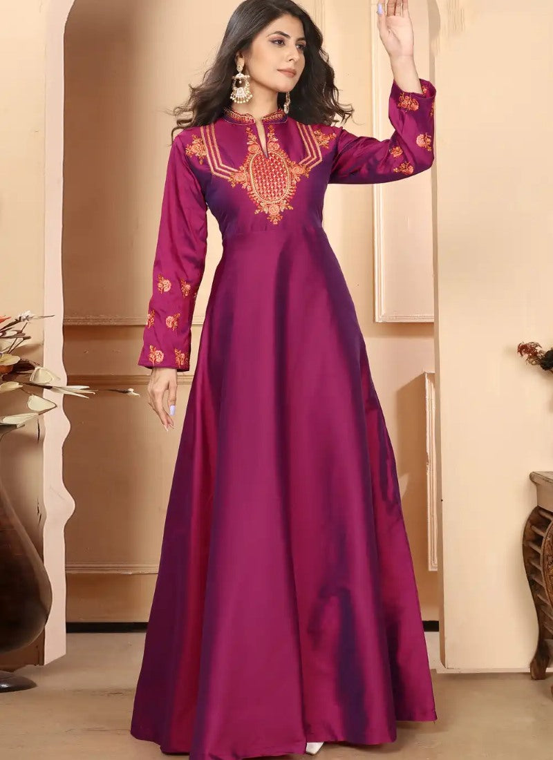 Purple Silk Indo-Western Gown With Embroidery Work