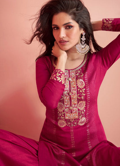 Red Silk Straight Cut Salwar Suit With Embroidery Work