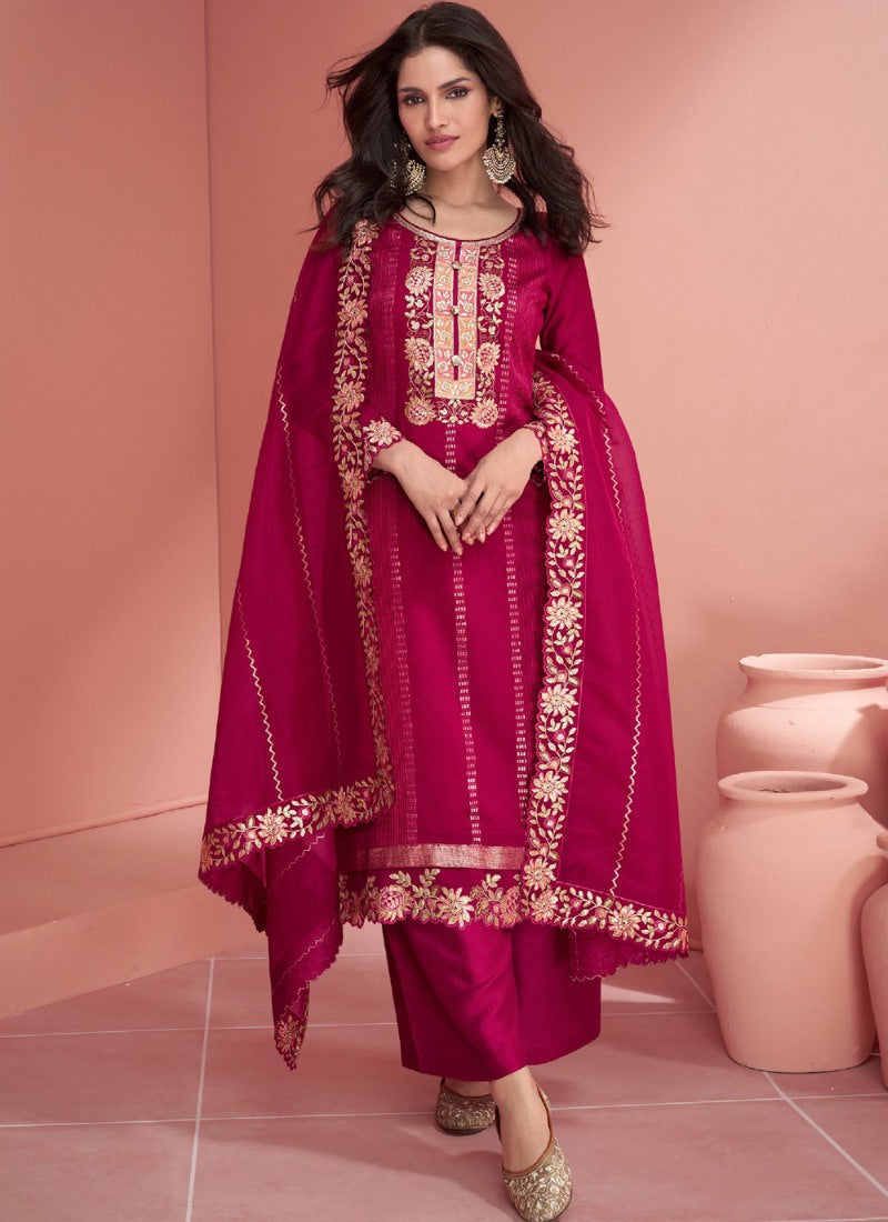 Red Silk Straight Cut Salwar Suit With Embroidery Work