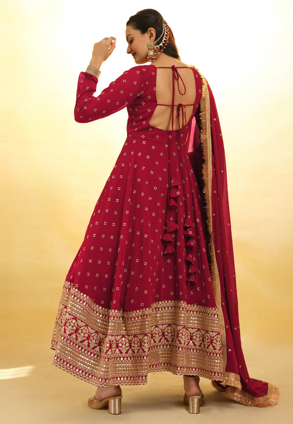 Red Georgette Anarkali Suit With Thread and Embroidery Work