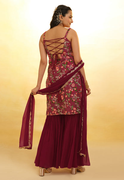 Red Georgette Sharara Suit With Thread and Embroidery Work