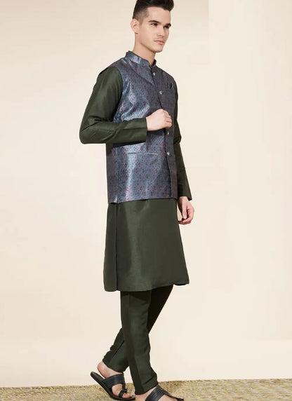 Green Silk Kurta Pajama With Koti