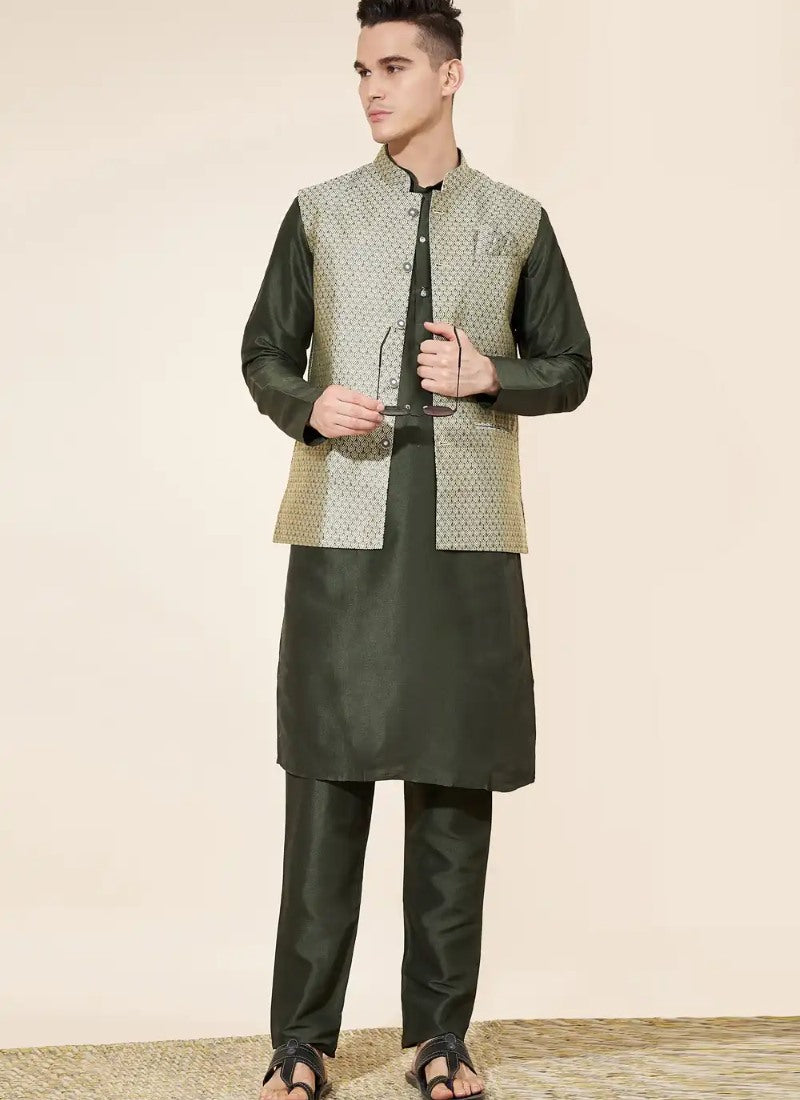 Green Silk Kurta Pajama With Koti