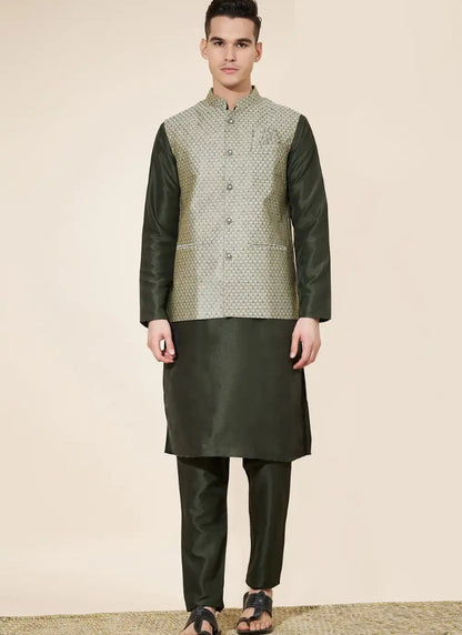 Green Silk Kurta Pajama With Koti