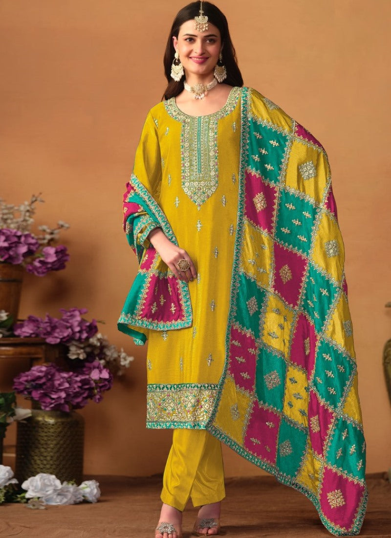 Yellow Silk Pant Style Salwar Suit