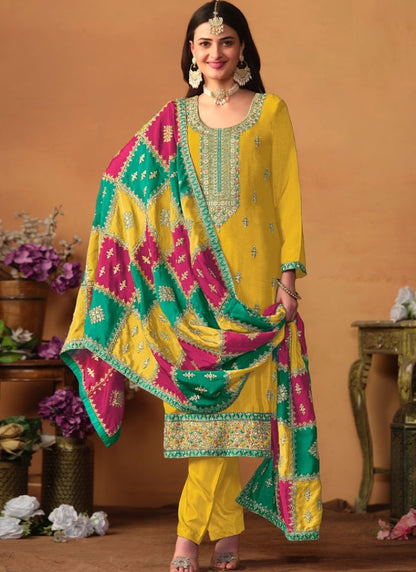 Yellow Silk Pant Style Salwar Suit