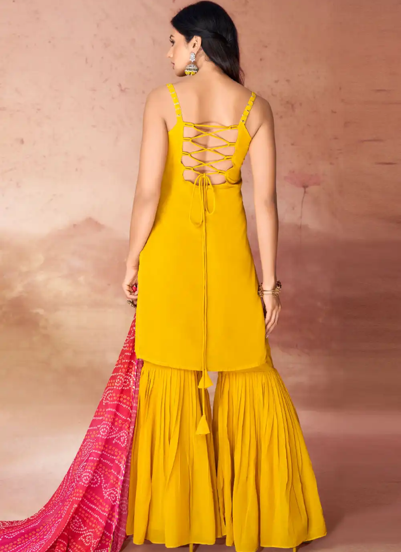 Yellow Georgette Sharara Suit With Embroidery Work