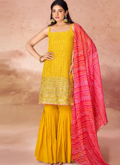 Yellow Georgette Sharara Suit With Embroidery Work