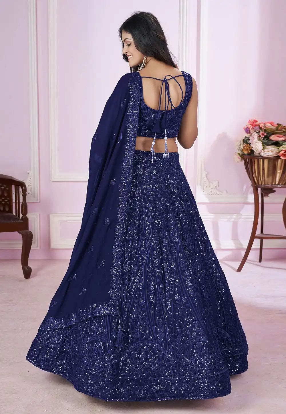 Navy Blue Designer Lehenga Choli With Embroidery, Zari Work and Sequins Work