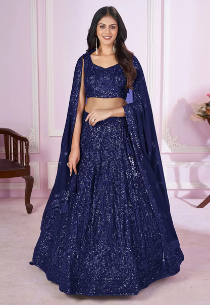 Navy Blue Designer Lehenga Choli With Embroidery, Zari Work and Sequins Work