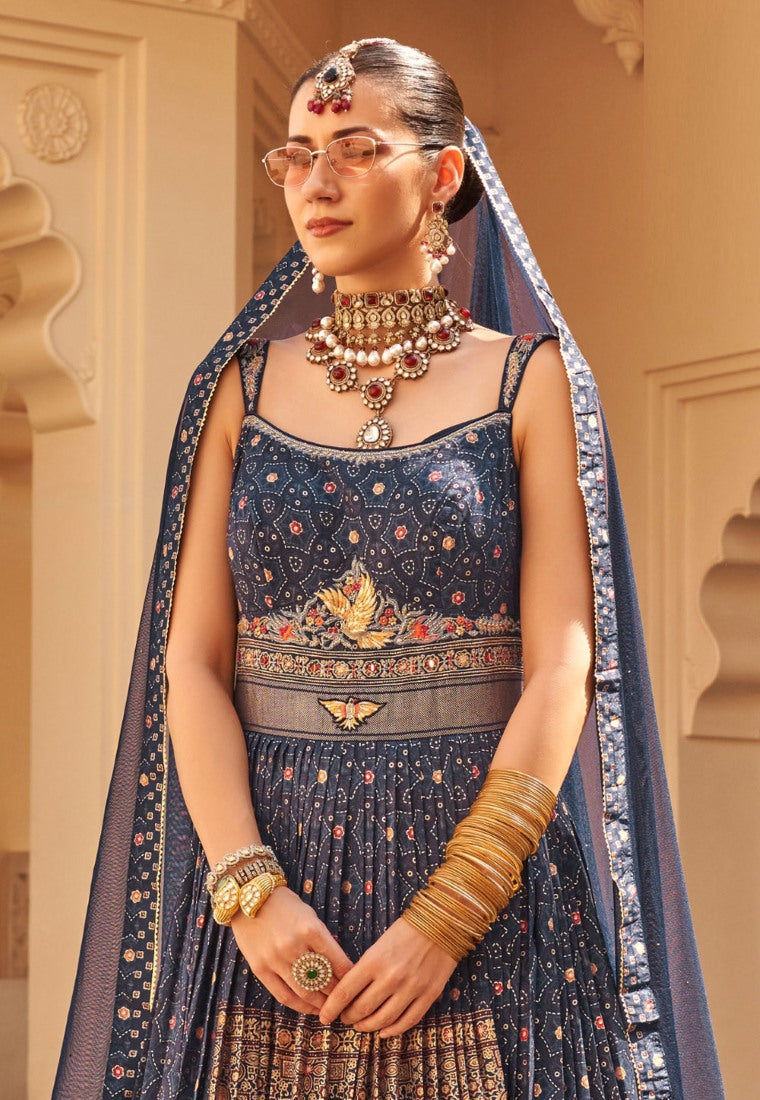 Blue Silk Bridal Indo Western Anarkali Gown With Patola Print