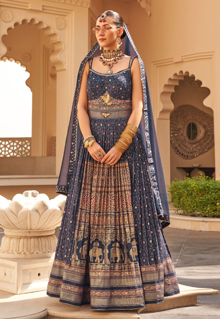 Blue Silk Bridal Indo Western Anarkali Gown With Patola Print