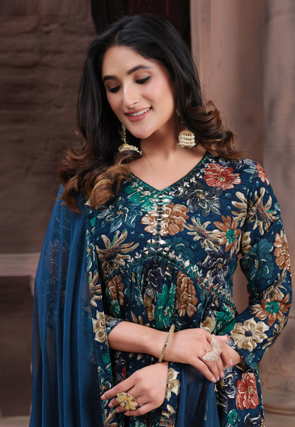 Dark Green Rayon Salwar Suit With Handwork Embroidery Work