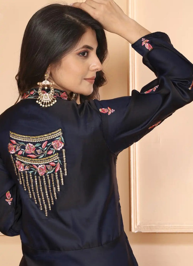 Navy Blue Silk Indo-Western Gown With Embroidery Work