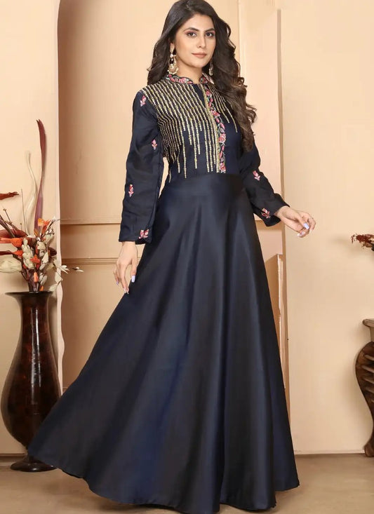 Navy Blue Silk Indo-Western Gown With Embroidery Work