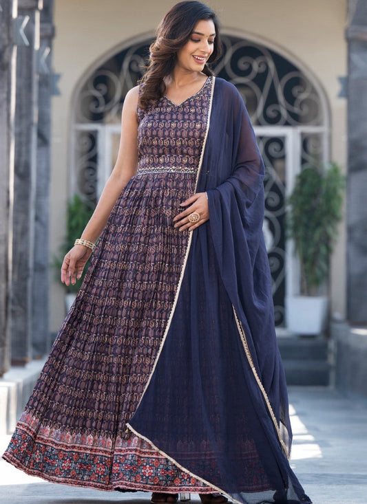 Navy Blue Silk Anarkali Gown With Embroidery and Mirror Work