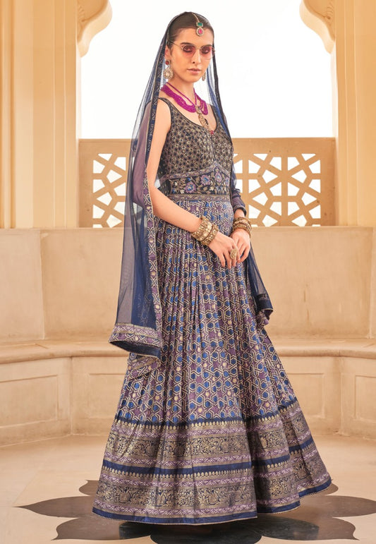 Blue Silk Bridal Indo Western Anarkali Gown With Patola Print