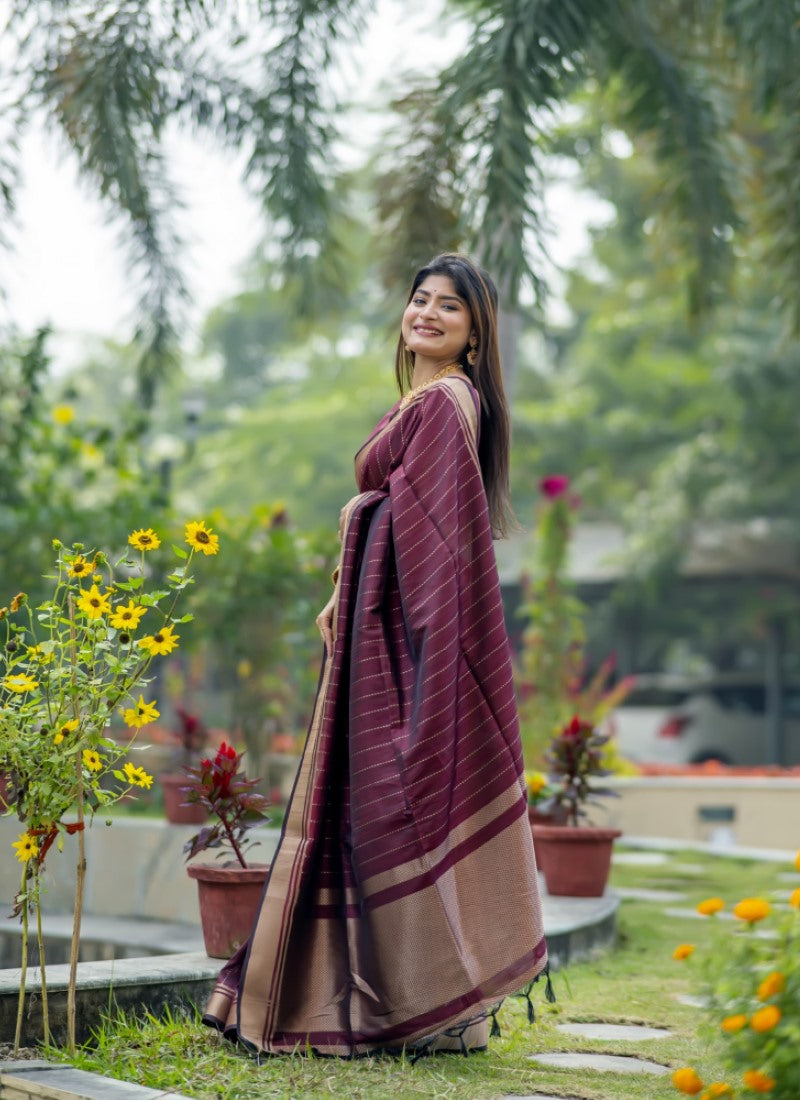 Maroon Silk Saree With ZARI WOVEN BORDER AND PALLU WITH ZARI WOVEN LINING