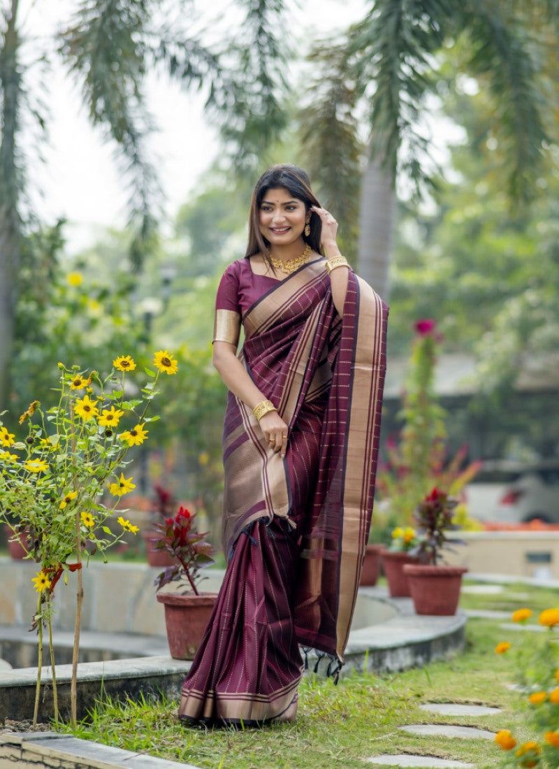 Maroon Silk Saree With ZARI WOVEN BORDER AND PALLU WITH ZARI WOVEN LINING