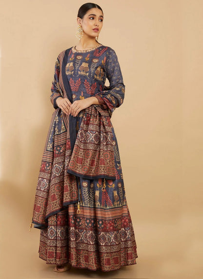 Blue Silk Printed Flared Long Anarkali Gown