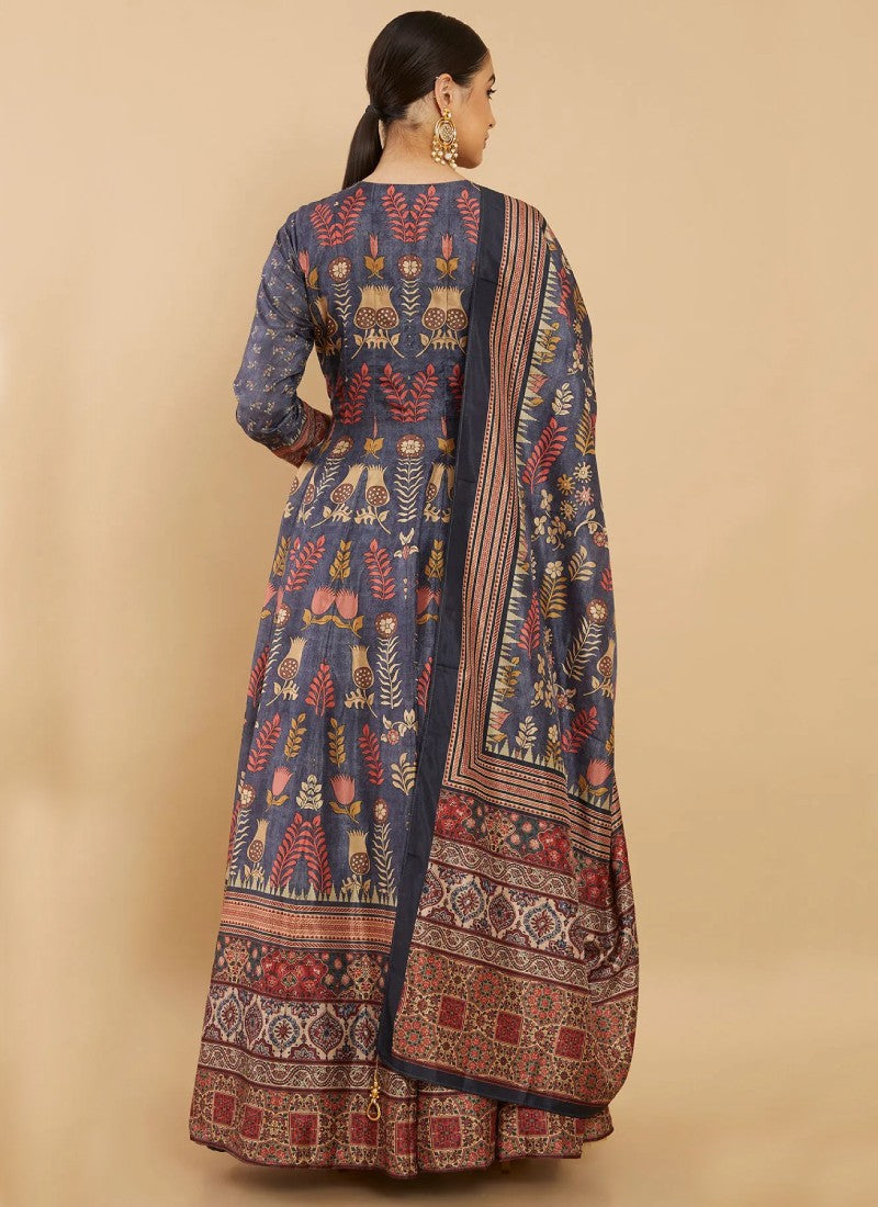 Blue Silk Printed Flared Long Anarkali Gown-2