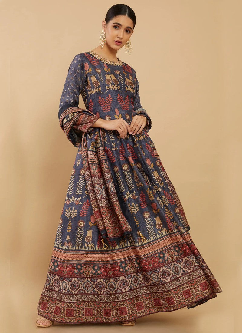 Blue Silk Printed Flared Long Anarkali Gown-2