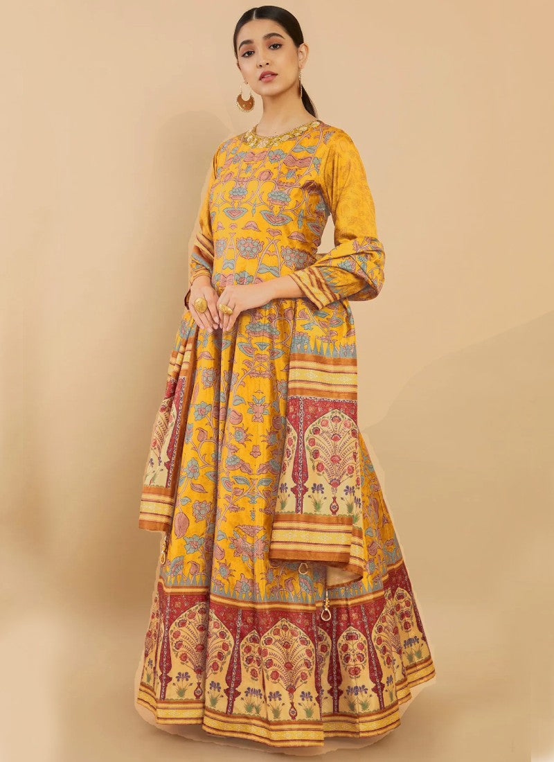 Yellow Silk Printed Flared Long Anarkali Gown-2