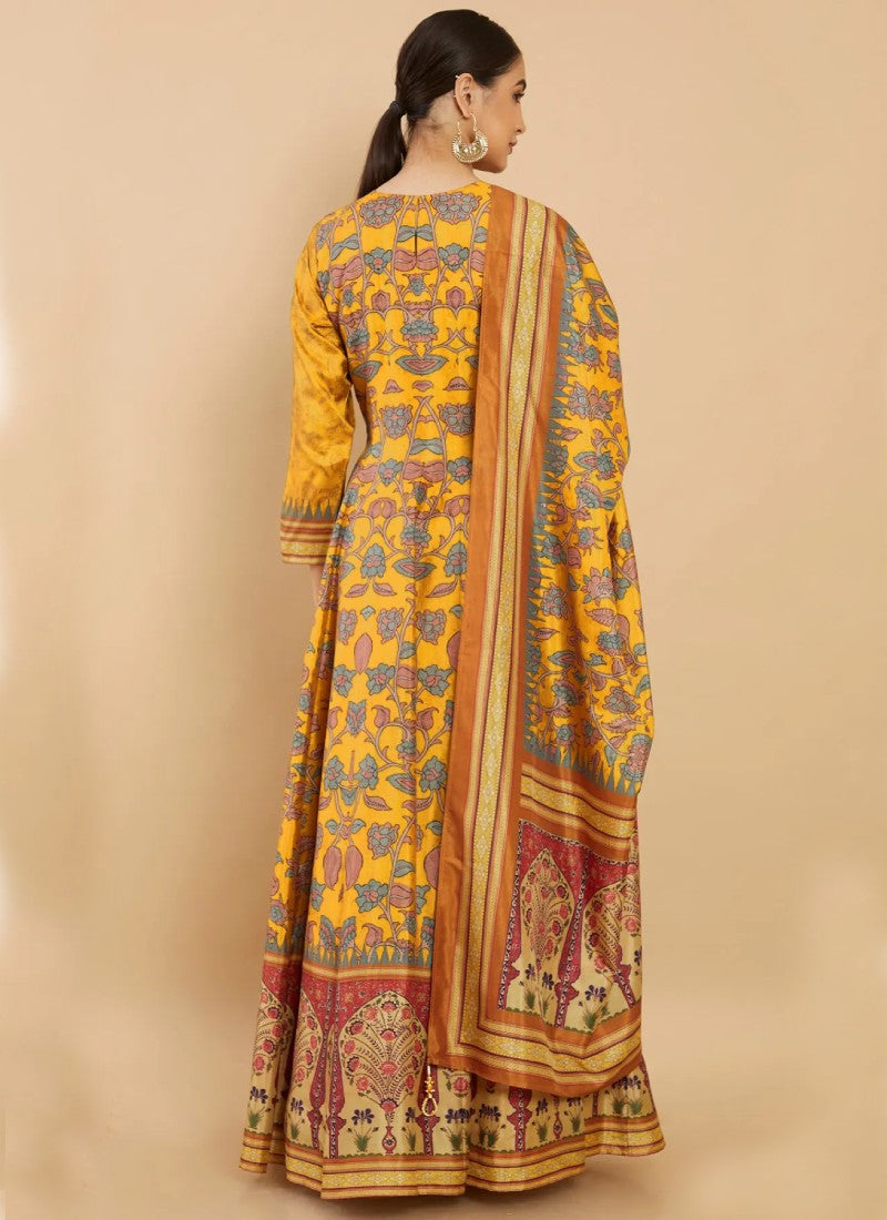 Yellow Silk Printed Flared Long Anarkali Gown-2