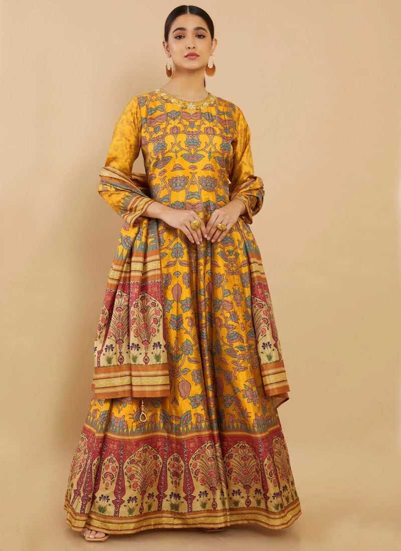 Yellow Silk Printed Flared Long Anarkali Gown