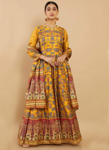 Yellow Silk Printed Flared Long Anarkali Gown