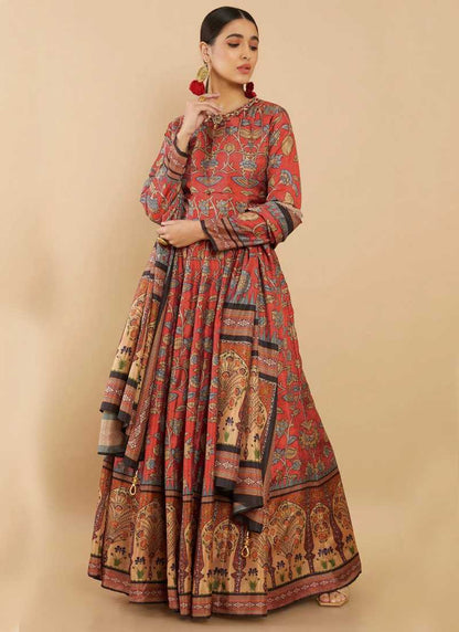 Red Silk Printed Flared Long Anarkali Gown-2