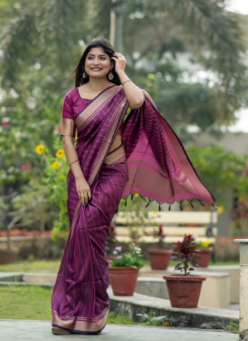 Wine Silk Saree With ZARI WOVEN BORDER AND PALLU WITH ZARI WOVEN LINING