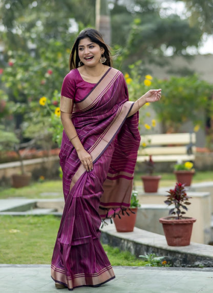 Wine Silk Saree With ZARI WOVEN BORDER AND PALLU WITH ZARI WOVEN LINING