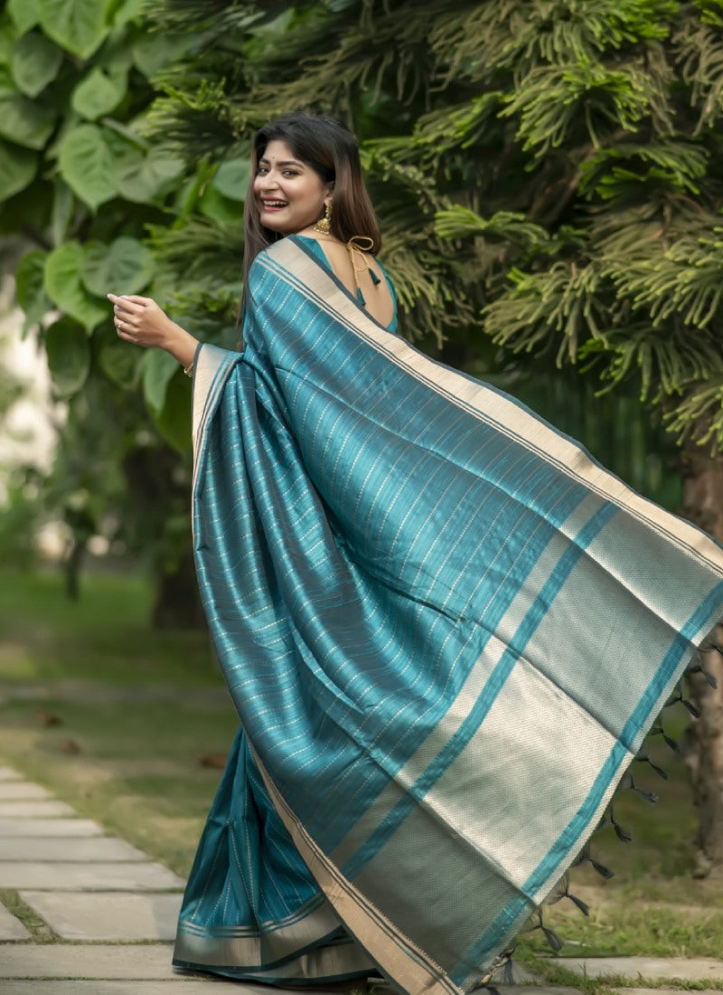 Teal Blue Silk Saree With ZARI WOVEN BORDER AND PALLU WITH ZARI WOVEN LINING