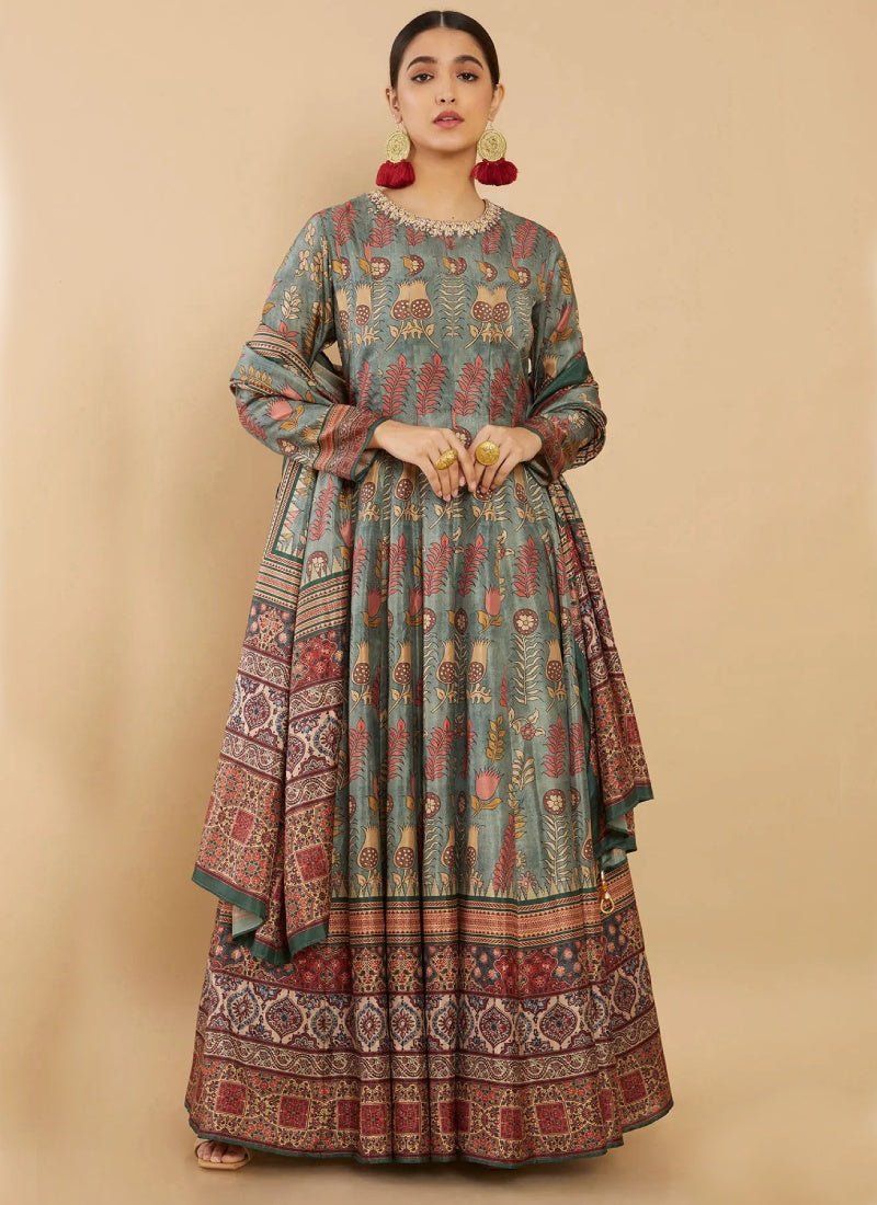 Green Silk Printed Flared Long Anarkali Gown