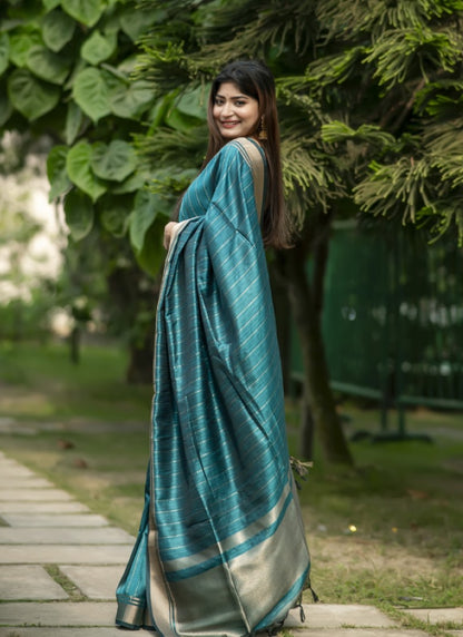 Teal Blue Silk Saree With ZARI WOVEN BORDER AND PALLU WITH ZARI WOVEN LINING