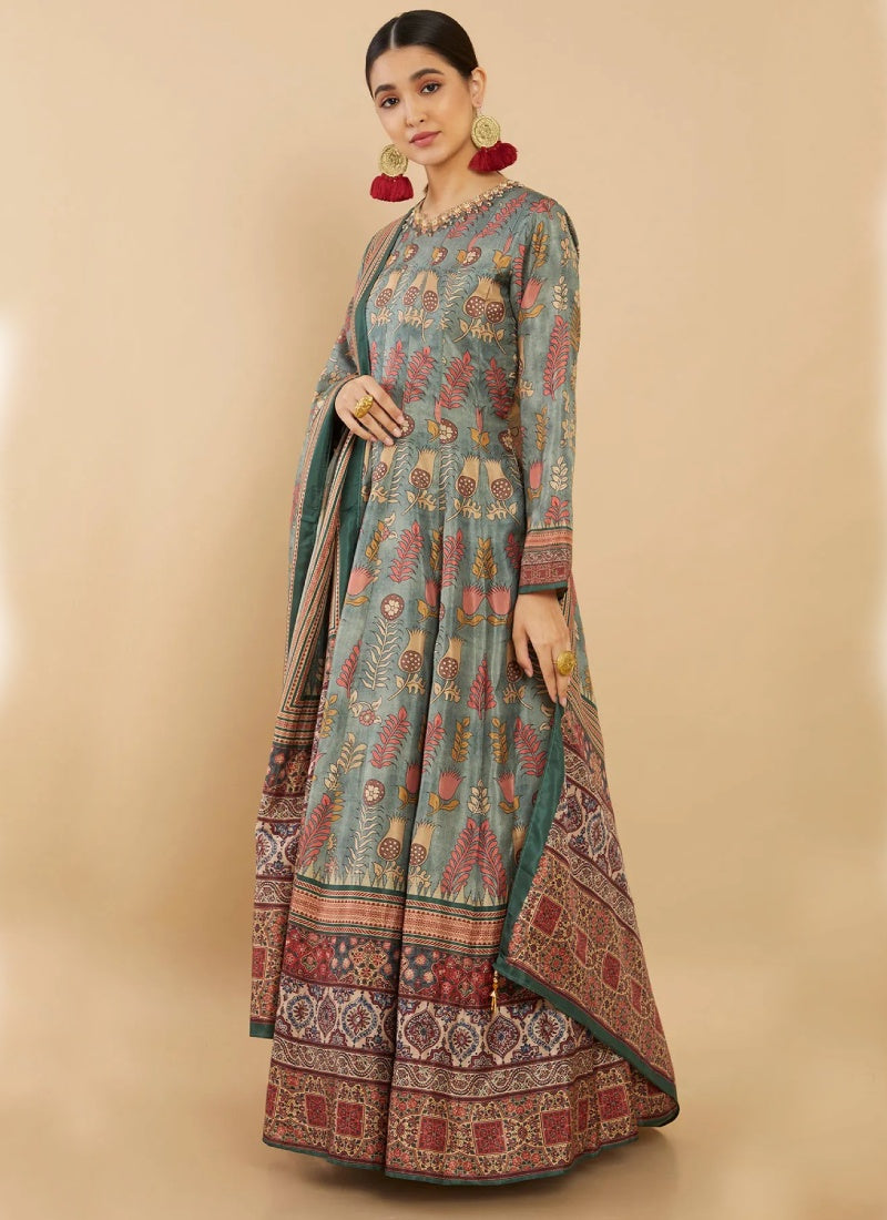 Green Silk Printed Flared Long Anarkali Gown-2