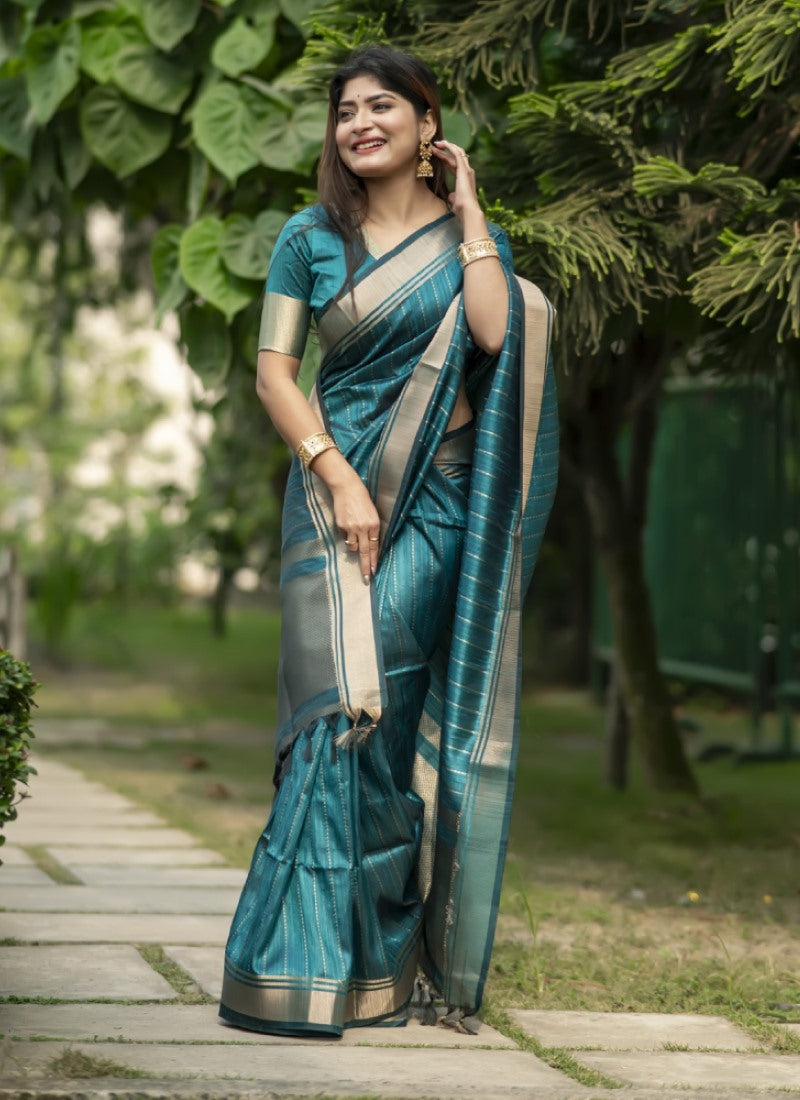 Teal Blue Silk Saree With ZARI WOVEN BORDER AND PALLU WITH ZARI WOVEN LINING