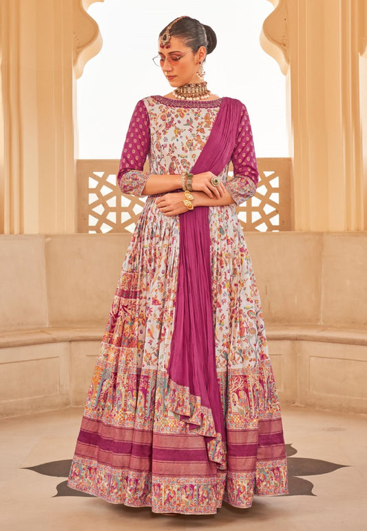 Off White Silk Bridal Indo Western Anarkali Gown With Patola Print