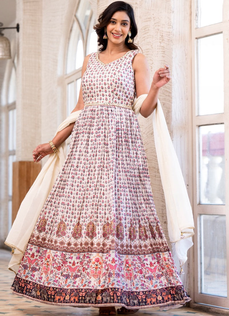 White Silk Anarkali Gown With Embroidery and Mirror Work