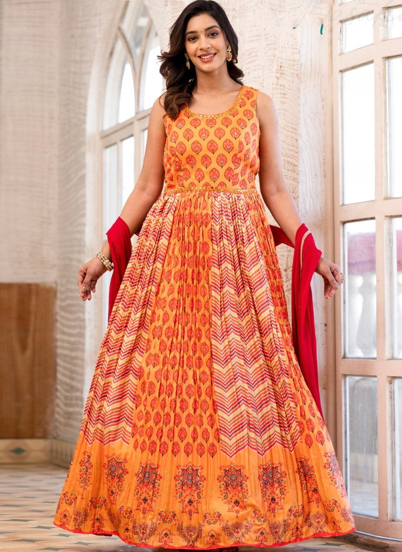 Orange Silk Anarkali Gown With Embroidery and Mirror Work