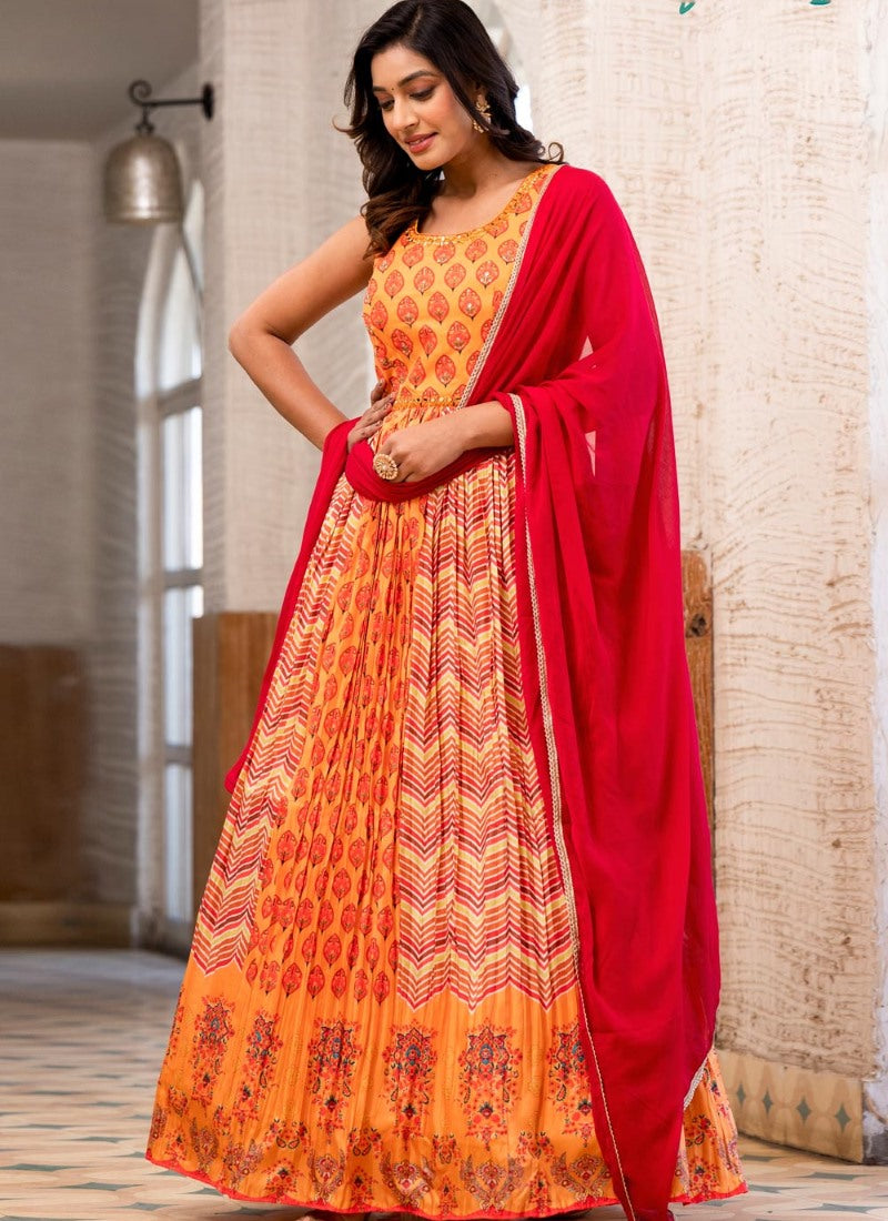 Orange Silk Anarkali Gown With Embroidery and Mirror Work