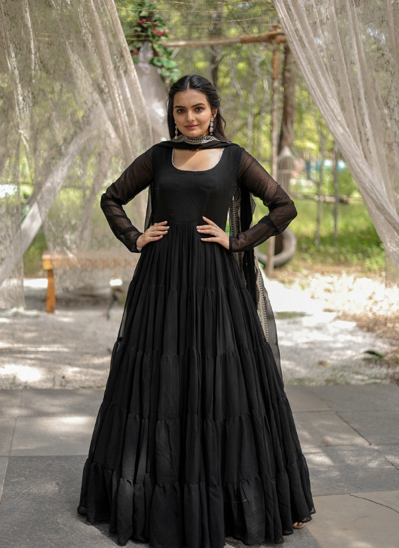 Black Georgette Anarkali Gown With Sequins and Embroidery Work