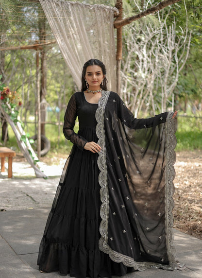 Black Georgette Anarkali Gown With Sequins and Embroidery Work