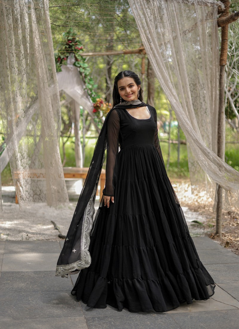 Black Georgette Anarkali Gown With Sequins and Embroidery Work